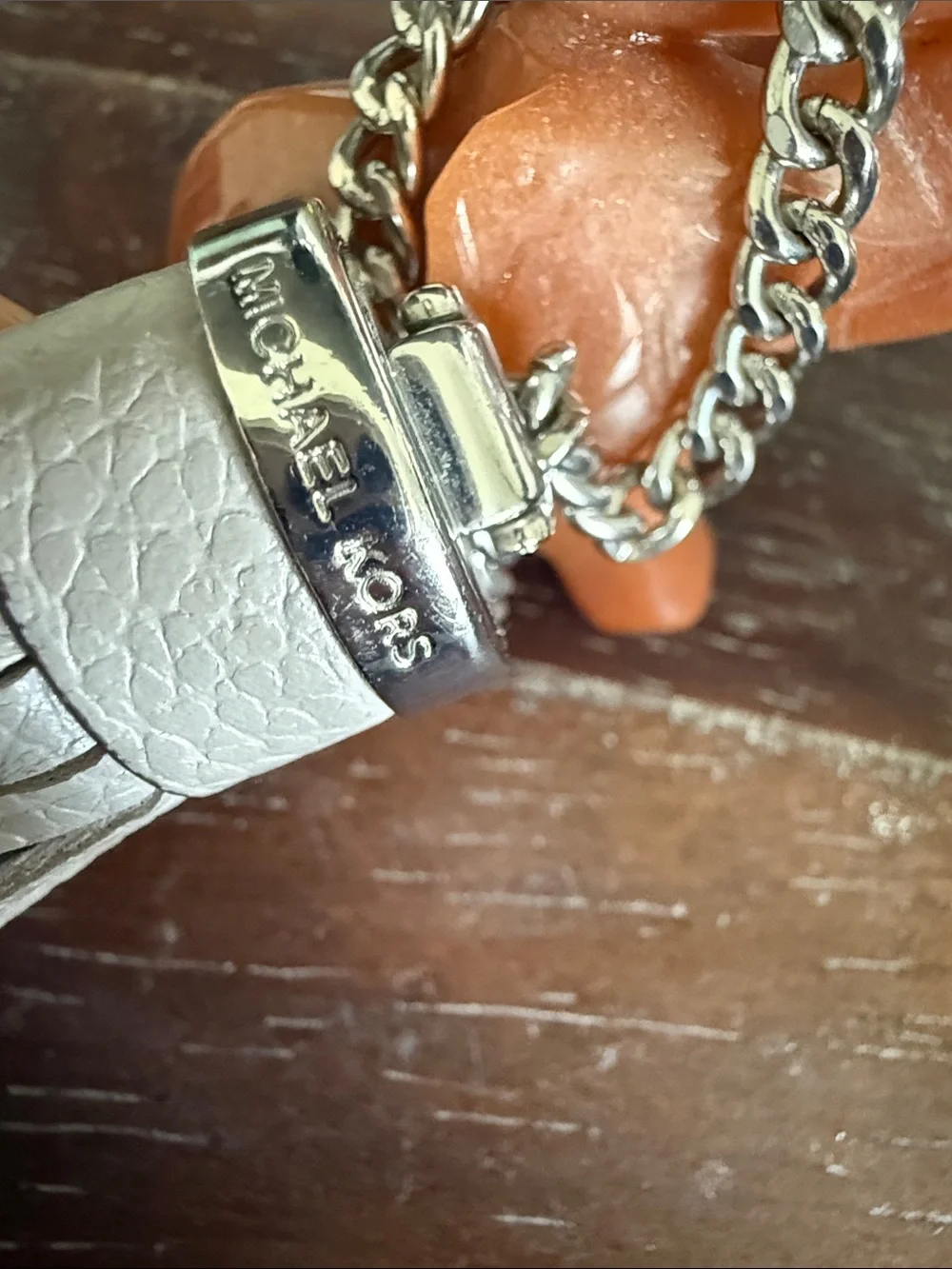 Michael Kors Light Gray Leather Tassel Keychain with Silver Hardware